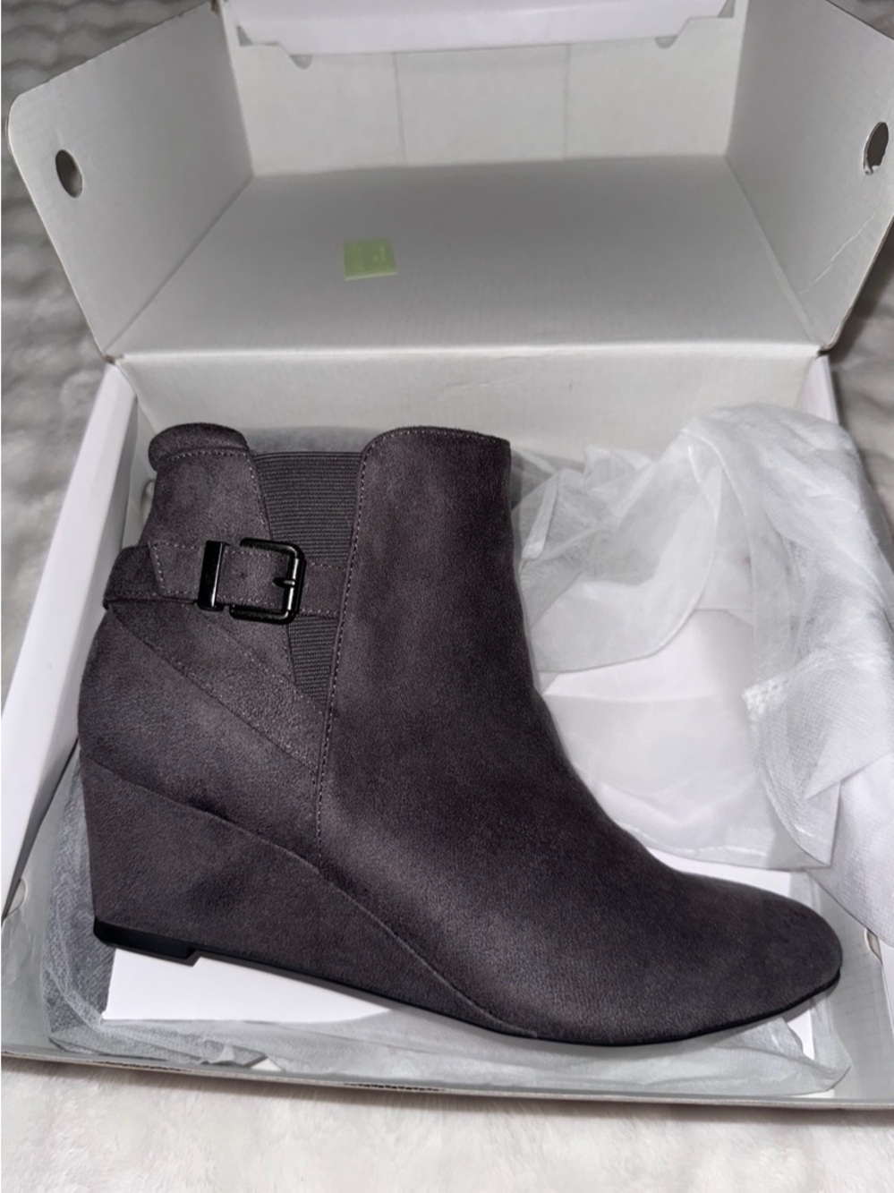 Women's Gray Wedge Ankle Boot with Buckle